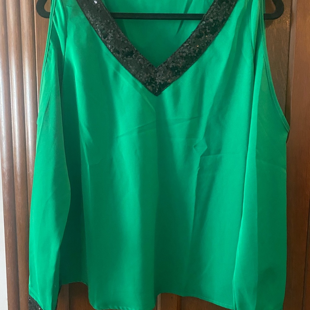 SHEIN Green V-Neck Top with Black Sequin Detail